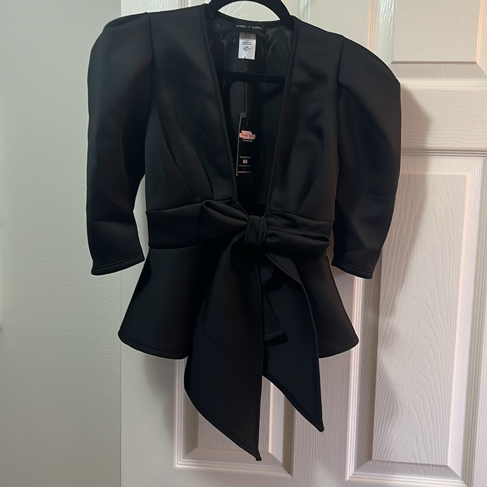 NWT Ethel x Carrie Black Top (Sz S), scuba material, opens/ties in the front